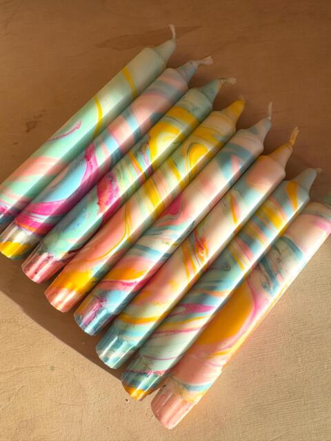 Rainbow Marble Hand-Dipped Dinner Candles Neon Pastel Two-Tone Table Decor, Yellow Pink Blue Tones - image 1