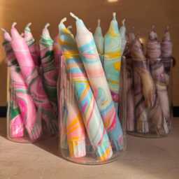 Rainbow Marble Hand-Dipped Dinner Candles Neon Pastel Two-Tone Table Decor, Yellow Pink Blue Tones - thumbnail 2