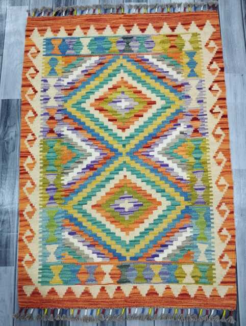 Tribal Kilim Rug, Handmade Artisan Afghan Turkish Scandinavian Navajo Bohemian Flatweave Natural Wool Rug 114x80 cm - image 1