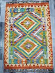 Tribal Kilim Rug, Handmade Artisan Afghan Turkish Scandinavian Navajo Bohemian Flatweave Natural Wool Rug 114x80 cm - thumbnail 1