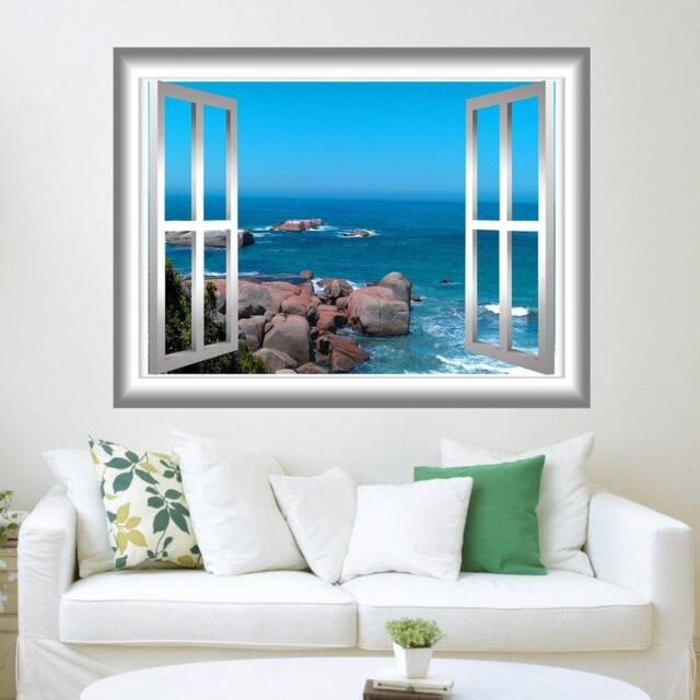 Ocean Scene 3D Window Frame Vinyl Decal Rocky Beach Wall Peel & Stick Mural Nw74