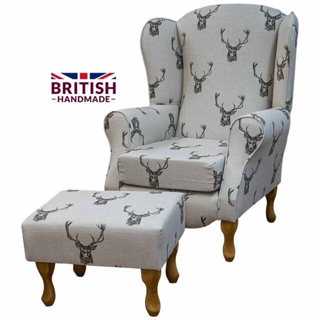 Handmade Stag Print Wingback Armchair & Footstool British Fireside Chair - image 1