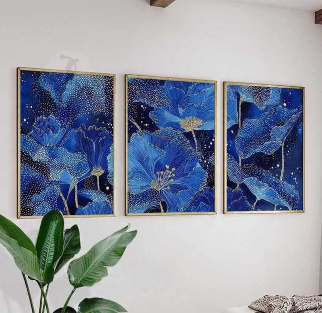 Set Of 3 Blue Floral Posters, Elegant Botanical Wall Art Prints, Modern Navy Gold Home Decor - image 1