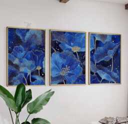 Set Of 3 Blue Floral Posters, Elegant Botanical Wall Art Prints, Modern Navy Gold Home Decor - thumbnail 1