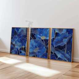 Set Of 3 Blue Floral Posters, Elegant Botanical Wall Art Prints, Modern Navy Gold Home Decor - thumbnail 2