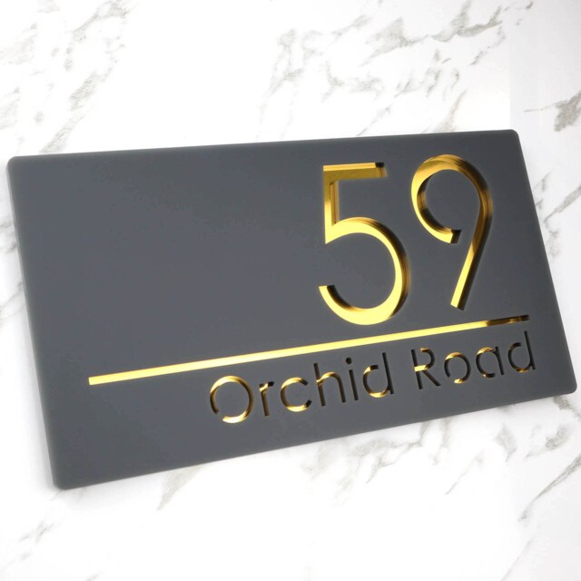 K Smart Sign - Bellissima H1 Laser Cut Matt Dark Gray Anthracite & Gold Mirror Floating House 300mm X 160mm - image 1