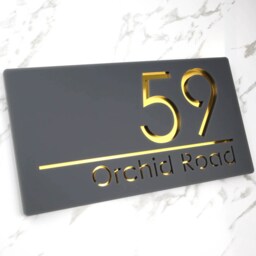 K Smart Sign - Bellissima H1 Laser Cut Matt Dark Gray Anthracite & Gold Mirror Floating House 300mm X 160mm - thumbnail 1