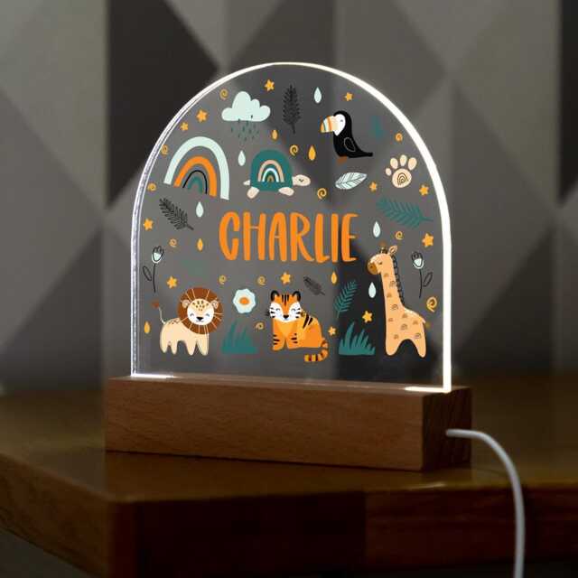 Jungle Animals Night Light, Personalised Lamp, Light With Name, Safari Kids Bedroom Nursery - Uv781 - image 1