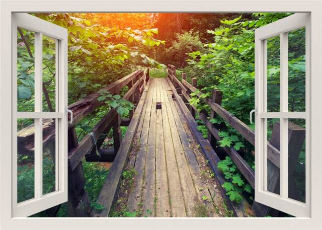 Wooden Bridge Jungle Wall Decal, 3D Window View Nature Sticker, Mural, Frame Living Room Home Decor