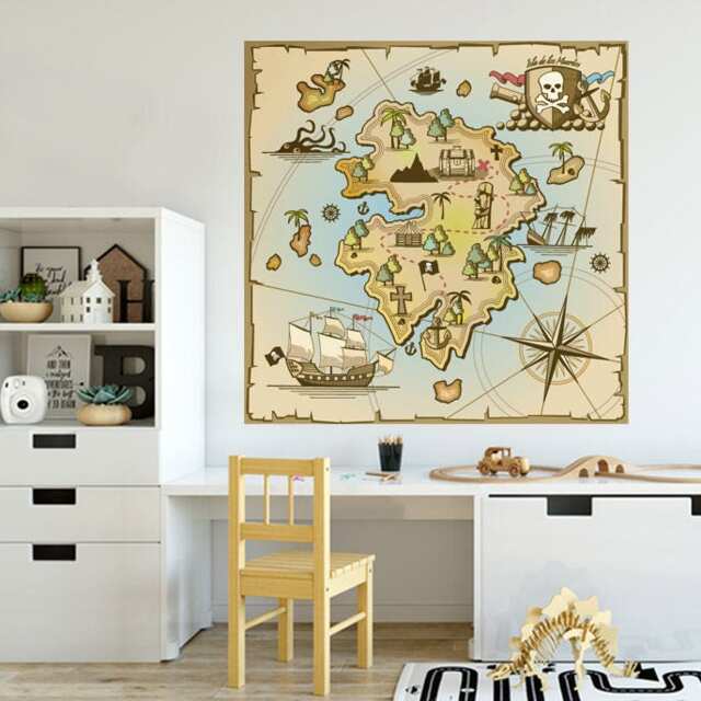 Treasure Map Wall Decal, Sticker, Pirates Island For Kids Room, Playroom Decor, Peel & Stick