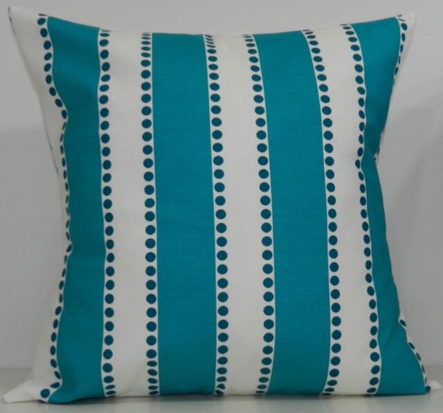 New 18x18 Inch Designer Handmade Pillow Cases. Wide Turquoise Stripes & Dots