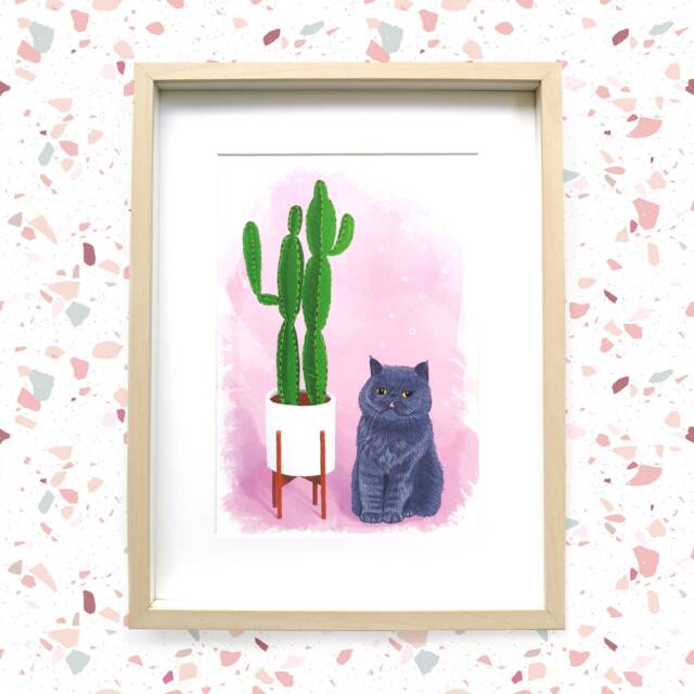Cat Plant Print // Exotic Shorthair Grey Cactus Print - image 1