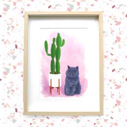 Cat Plant Print // Exotic Shorthair Grey Cactus Print - thumbnail 1