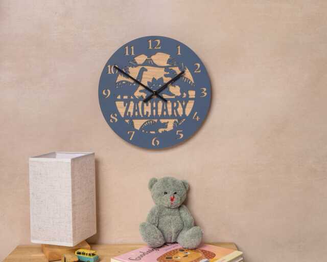 Personalised Dinosaur Wall Clock, Custom Kids Room Decor, Dino Theme Nursery Wooden & Acrylic Child's Bedroom Children's - image 1