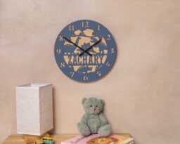 Personalised Dinosaur Wall Clock, Custom Kids Room Decor, Dino Theme Nursery Wooden & Acrylic Child's Bedroom Children's - thumbnail 1