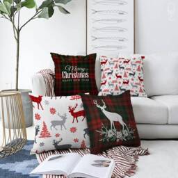 Christmas Cushion Covers With Plaid Pattern - Xmas Reindeers & Flowers Double Sided Printing On The Chenille Fabric Different Sizes - thumbnail 1