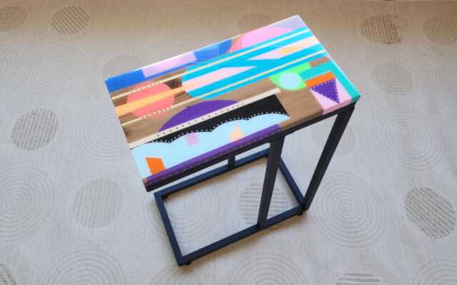 Handmade Colorful Epoxy Resin C Table Wooden Sofa Side Laptop Stand - image 1