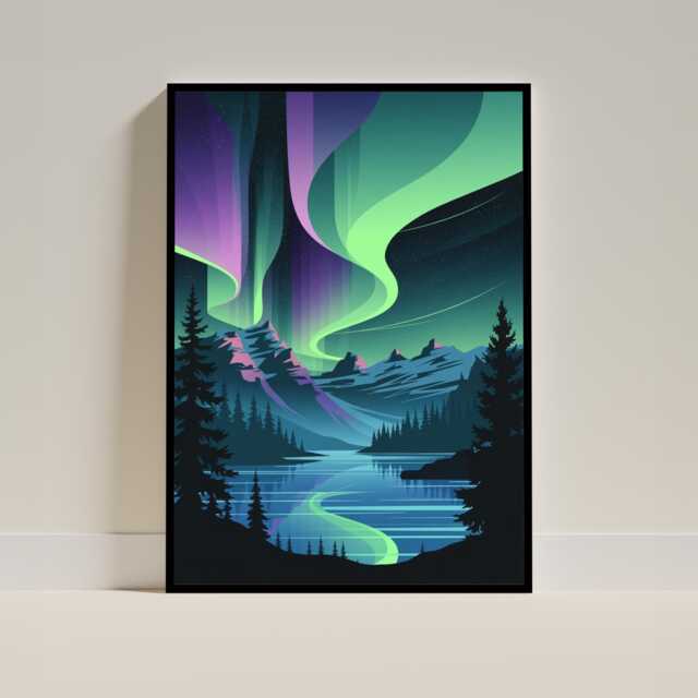 Northern Lights Poster, Jasper National Park Art, Aurora Borealis Print, Canadian Night Sky, Minimalist Wall Decor, Mountain Landscape - image 1