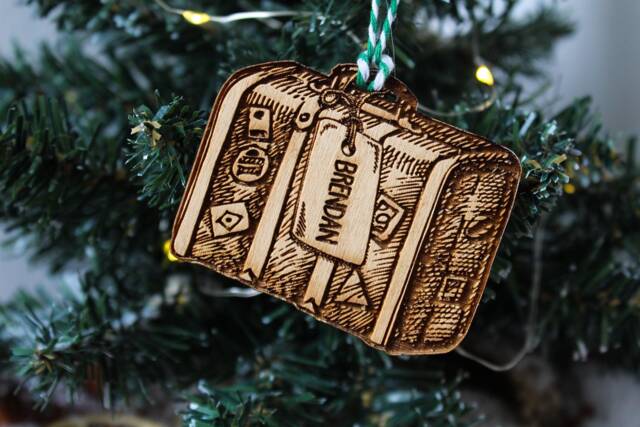 Personalised Travel Christmas Ornament Suitcase Luggage Wood Custom Bauble Laser Engraved Rustic Wooden Name Decoration Irish - image 1