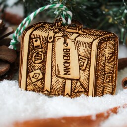 Personalised Travel Christmas Ornament Suitcase Luggage Wood Custom Bauble Laser Engraved Rustic Wooden Name Decoration Irish - thumbnail 2