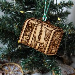 Personalised Travel Christmas Ornament Suitcase Luggage Wood Custom Bauble Laser Engraved Rustic Wooden Name Decoration Irish - thumbnail 3