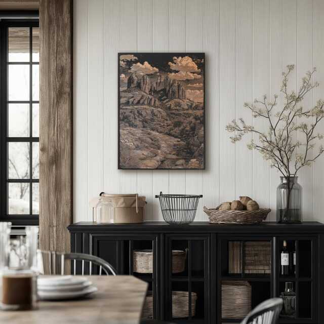 Cathedral Rock Scene Wall Art - Engraved Wood Lithograph Travel Illustration, Southwest Home Decor, Desert Art, Oak Creek Canyon - image 1