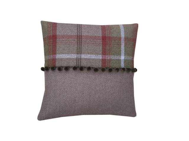 Balmoral Tartan Plaid Tweed Cushion Cover Beige & Rust With Pompom Trim - image 1