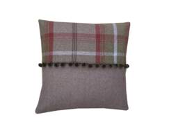 Balmoral Tartan Plaid Tweed Cushion Cover Beige & Rust With Pompom Trim - thumbnail 1