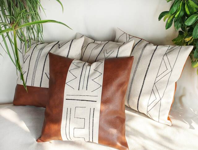 Ethnic Embroidered Design Brown Alvaro Distressed Faux Leather Pillow Cover/Housewarming Gift-1Pcs - image 1