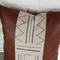 Ethnic Embroidered Design Brown Alvaro Distressed Faux Leather Pillow Cover/Housewarming Gift-1Pcs - thumbnail 3