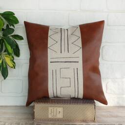 Ethnic Embroidered Design Brown Alvaro Distressed Faux Leather Pillow Cover/Housewarming Gift-1Pcs - thumbnail 2