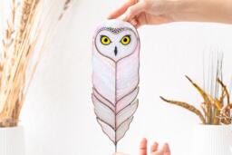 stained Glass Snowy Owl Wall Hanging, Boho Nursery Decor, Iridescent Feather Shaped Figurine, Neutral Art, Housewarming Gift