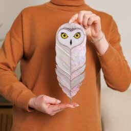 stained Glass Snowy Owl Wall Hanging, Boho Nursery Decor, Iridescent Feather Shaped Figurine, Neutral Art, Housewarming Gift - thumbnail 3