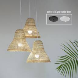 Cluster Canopy Bamboo Pendant Light - Triple Drop Rattan Lamp, Rustic Lighting - thumbnail 1