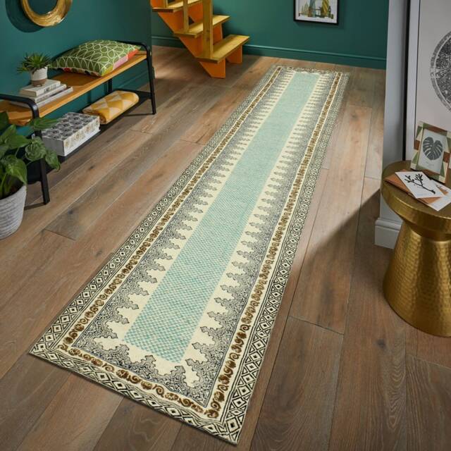 Hand Woven Cotton Kilim Runner Rug Green, Blue, Brown - image 1