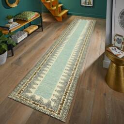 Hand Woven Cotton Kilim Runner Rug Green, Blue, Brown - thumbnail 1