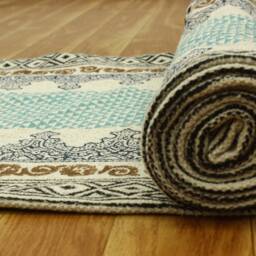 Hand Woven Cotton Kilim Runner Rug Green, Blue, Brown - thumbnail 4