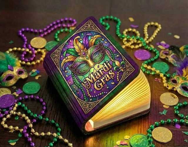 Mardi Gras Book Lamp, Carnival Mask Night Light, Louisiana Reading Festival Fluer De Lis Decor - image 1