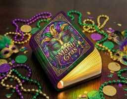 Mardi Gras Book Lamp, Carnival Mask Night Light, Louisiana Reading Festival Fluer De Lis Decor - thumbnail 1