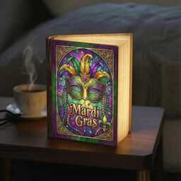 Mardi Gras Book Lamp, Carnival Mask Night Light, Louisiana Reading Festival Fluer De Lis Decor - thumbnail 2