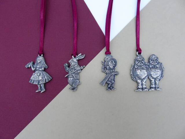 Set Of Alice in Wonderland Pewter Decorations - Alice- Tweedles Mad Hatter White Rabbit Christmas Tree Book Lover - image 1