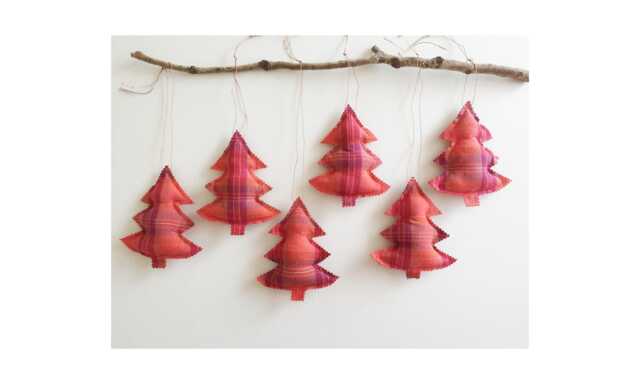 Six Handmade Fabric Christmas Tree Decorations Hanging Ornaments Rustic Red Orange Purple Tartan/Plaid Ready To Ship - image 1