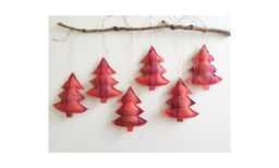Six Handmade Fabric Christmas Tree Decorations Hanging Ornaments Rustic Red Orange Purple Tartan/Plaid Ready To Ship