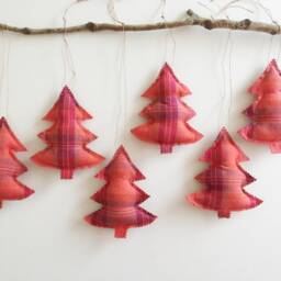 Six Handmade Fabric Christmas Tree Decorations Hanging Ornaments Rustic Red Orange Purple Tartan/Plaid Ready To Ship - thumbnail 2