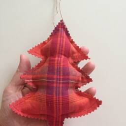 Six Handmade Fabric Christmas Tree Decorations Hanging Ornaments Rustic Red Orange Purple Tartan/Plaid Ready To Ship - thumbnail 4