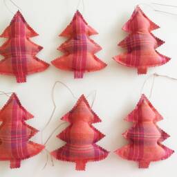 Six Handmade Fabric Christmas Tree Decorations Hanging Ornaments Rustic Red Orange Purple Tartan/Plaid Ready To Ship - thumbnail 3