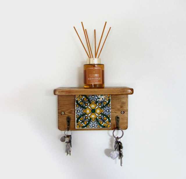 Mexican Tile Key Holder With Shelf Reclaimed Wood, Rustic Home Decor - image 1