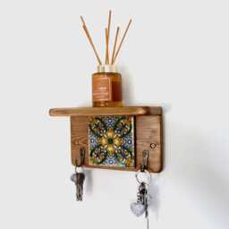 Mexican Tile Key Holder With Shelf Reclaimed Wood, Rustic Home Decor - thumbnail 3