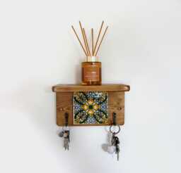 Mexican Tile Key Holder With Shelf Reclaimed Wood, Rustic Home Decor