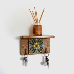 Mexican Tile Key Holder With Shelf Reclaimed Wood, Rustic Home Decor - thumbnail 2